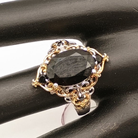 STS Jewelry - Black Gemstone and Gold Accented Sterling Silver Ring